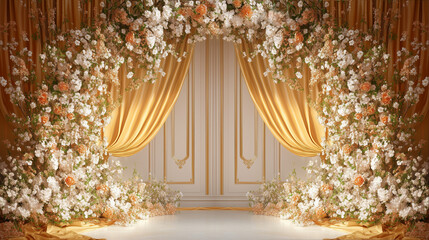 Luxurious wedding or event backdrop with golden drapery, cascading floral arrangements of white and orange blossoms, and ornate wall detailing, creating a regal and sophisticated  setting.