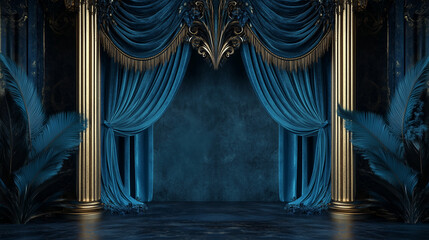 Luxurious royal blue and gold event backdrop with ornate drapery, gilded columns, and dramatic palm leaf accents, creating a regal and opulent photography or celebration setting