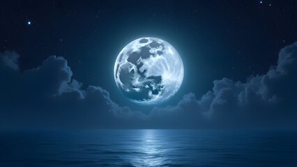 Ethereal Full Moon over Indigo Ocean, High-Contrast Night Sky Illustration with Stars and Clouds - Transparent PNG