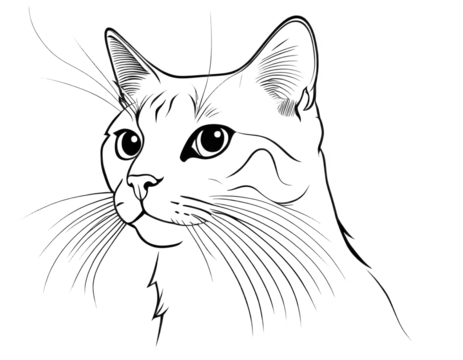 Elegant cat illustration featuring intricate line work depicting a charming feline with striking eyes and detailed whiskers isolated on a white background