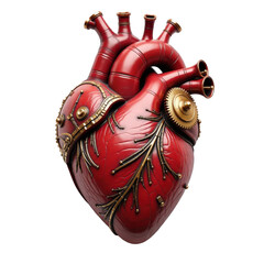 Naklejka premium Heart crafted from metal and leather elements, showcasing intricate details and a unique blend of art and anatomy, isolated against a pure white backdrop