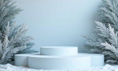 Minimalist white stage with snowy backdrop