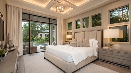 Luxurious Bedroom with Neutral Tones, Large Bed, Built-in Lighting, and Lush Outdoor View