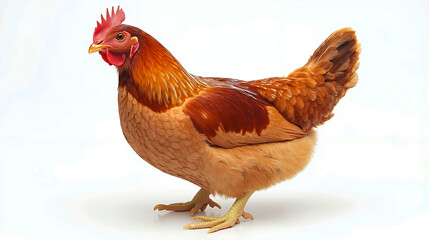 A brown chicken standing on a white surface