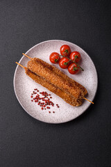 Lula kebab meat fried on a fire in breading with salt, spices and herbs