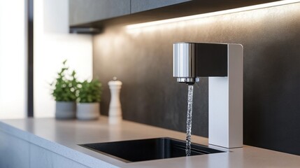 Modern kitchen faucet with sleek design, minimalist aesthetic. Water flows smoothly into the integrated sink. Perfect for a contemporary home.