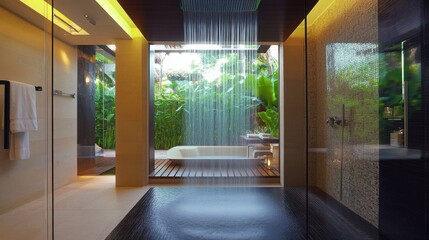 Relax and rejuvenate in this luxurious bathroom featuring a rainfall shower and a freestanding tub, surrounded by lush greenery. The calming atmosphere and natural light create a tranquil oasis.