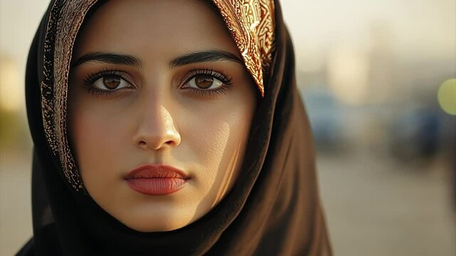Close up of a beautiful young Iranian woman's face wearing a Hijab on a sunny day.