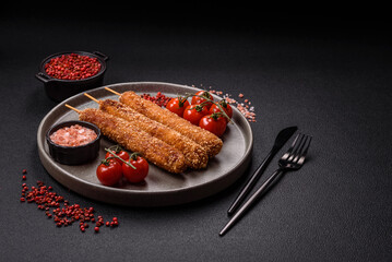 Lula kebab meat fried on a fire in breading with salt, spices and herbs