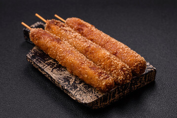 Lula kebab meat fried on a fire in breading with salt, spices and herbs