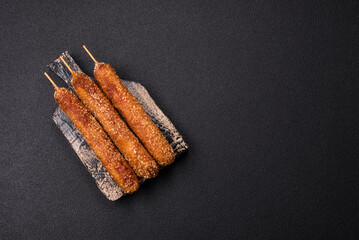 Lula kebab meat fried on a fire in breading with salt, spices and herbs