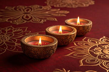 Hyperrealistic, cinematic close-up of three glowing diyas on a dark red background with gold intricate patterns. Golden hour lighting, - generated by ai