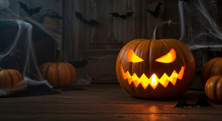 Obraz premium Glowing Jack-o'-Lantern with Halloween Decorations on Rustic Wooden Floor
