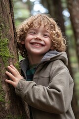 Joyful Child Hugging Tree in Forest: Embracing Nature and Happiness