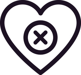 Minimalist line art icon of a heart shape with a cross symbolizing a broken heart, end of a relationship, lost love, or rejection, conveying feelings of sadness and heartbreak