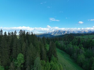 Wiosenny krajobraz g&oacute;rski, G&oacute;ry na tle błękitnego nieba, 