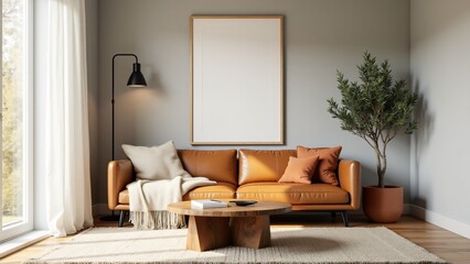 Rustic minimalist living room with natural textures, clean lines, and warm tones. A serene, industrial-inspired space blending simplicity and natural beauty