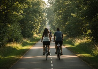 A serene back view of a group of cyclists riding together along a picturesque path, surrounded by lush greenery and scenic landscapes. The image evokes a sense of camaraderie, outdoor adventure