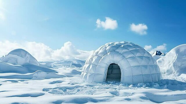 an igloo  and  a dog  in the snow