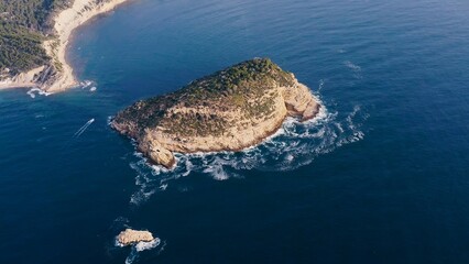 Aerial view of San Martin Cape, with the islet and beach of Portichol, in the Mediterranean coast...