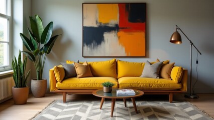 Mid-century modern living room with walnut furniture, bold mustard tones, and sleek chrome accents. A perfect mix of vintage style and contemporary charm.