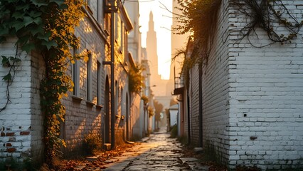 Obraz premium Weathered Cream Brick Wall Urban Alley Dusk Golden Light Autumn Leaves Skyscrapers