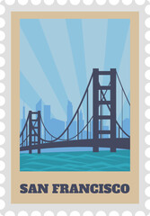 Vintage postcard stamp design featuring the iconic Golden Gate Bridge, set against a backdrop of a vibrant blue sky and the stunning San Francisco city skyline