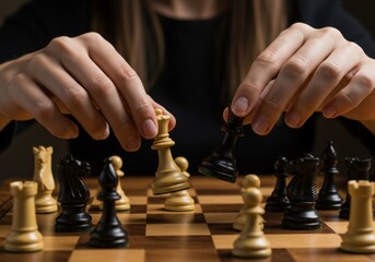 Close-up of hands moving chess pieces during a strategy session, symbolizing planning, decision-making, and tactical thinking