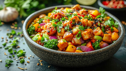 Bowl of vegan stir-fried yakisoba noodles with colorful vegetables and garnishes, showcasing vibrant and healthy ingredients