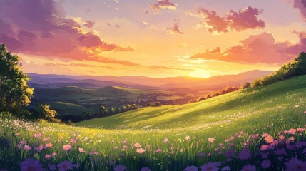 Obraz premium spring season green landscape of green field and meadow in a hill countryside with mountains and beautiful sunset sky on background
