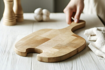 Wood cutting board on white wooden table, with female hand, copy space