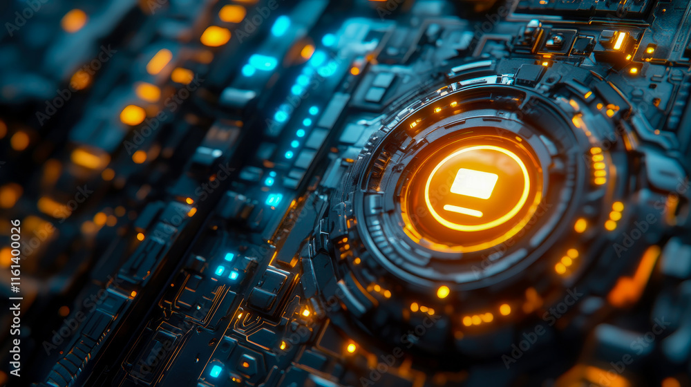 Poster futuristic technological interface: glowing circuits and central hub