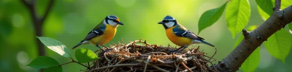 Fototapeta premium Birds building a nest with twigs and leaves together, natural, home, bird