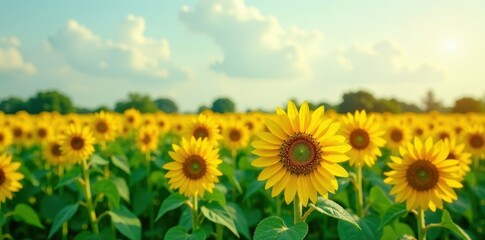 Bright yellow sunflowers in a field of tall green stalks, sunflowers, golden, flowers