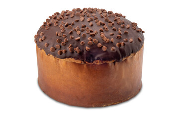 Panettone cake covered in dark chocolate and with milk chocolate pralines. Cut out