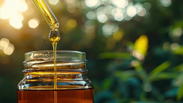 close-up of drops of babassu butter dripping. Selective focus