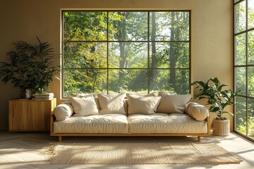 Fototapeta premium A cozy living room with a beige couch in a Japandi style, featuring a modern minimalist apartment design