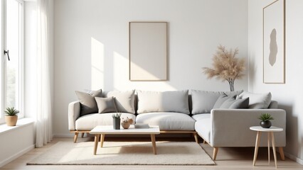 Scandinavian-inspired living room with minimalist design, natural wood accents, and soft, neutral colors. A serene, bright space designed for comfort and simplicity