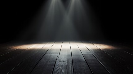 Spotlight on Dark Wooden Stage Floor with Soft Light Gradients Fading into Black Background