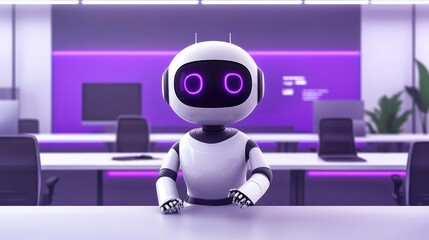 Fototapeta premium Futuristic Robot in Modern Office Setting with Purple Neon Lighting