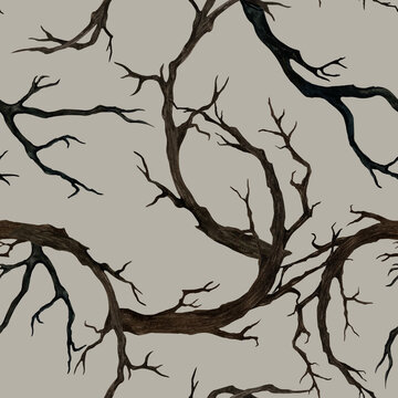 Seamless pattern with dark brown dry branches without leaves. Watercolor illustration on the trendy beige color background. Dry curved ramification hand drawn for Gothic and Halloween print product