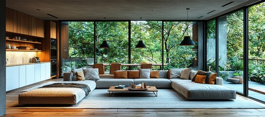 Fototapeta premium Luxurious living room with a white kitchen in an open-plan layout