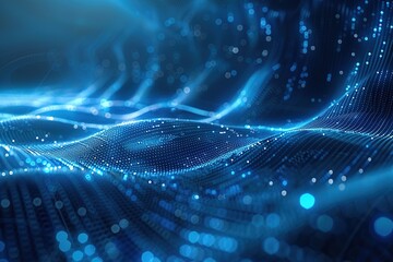 Technology background with abstract digital code motion cyberspace. Abstract high-tech blue neon background for communication concept with digital flow in a cyber space matrix