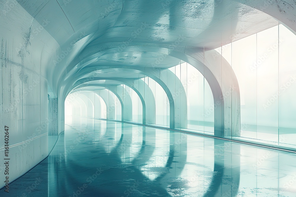 Poster abstract futuristic glass architecture with an empty concrete floor