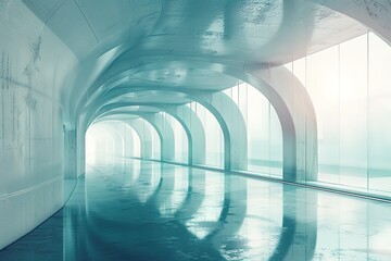 abstract futuristic glass architecture with an empty concrete floor