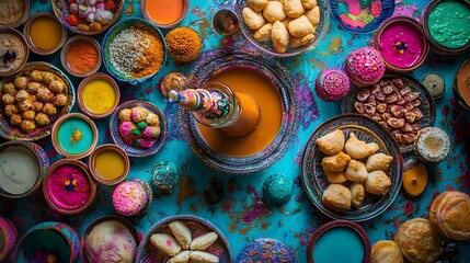 Vibrant Holi celebration feast! Colorful sweets, savory snacks, and vibrant powders arranged on a teal background. A delicious and festive spread.
