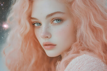 Fototapeta premium Young woman with curly pink hair gazes thoughtfully at the viewer in a dreamy setting
