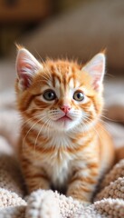  Adorable orange kitten resting on a cozy blanket.