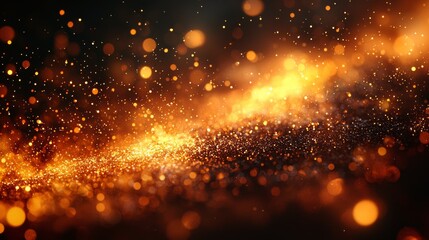 Obraz premium Glittering celebration scene. Golden stream accompanied by particles. Abstract background illuminated by magic lights and sparks