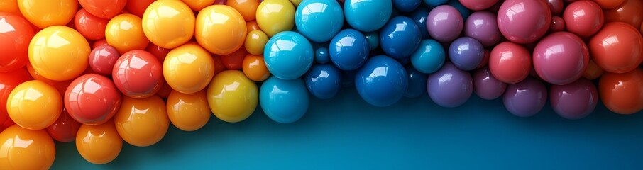 Naklejka premium Background of a wide celebration banner adorned with rainbow multicolored balloons